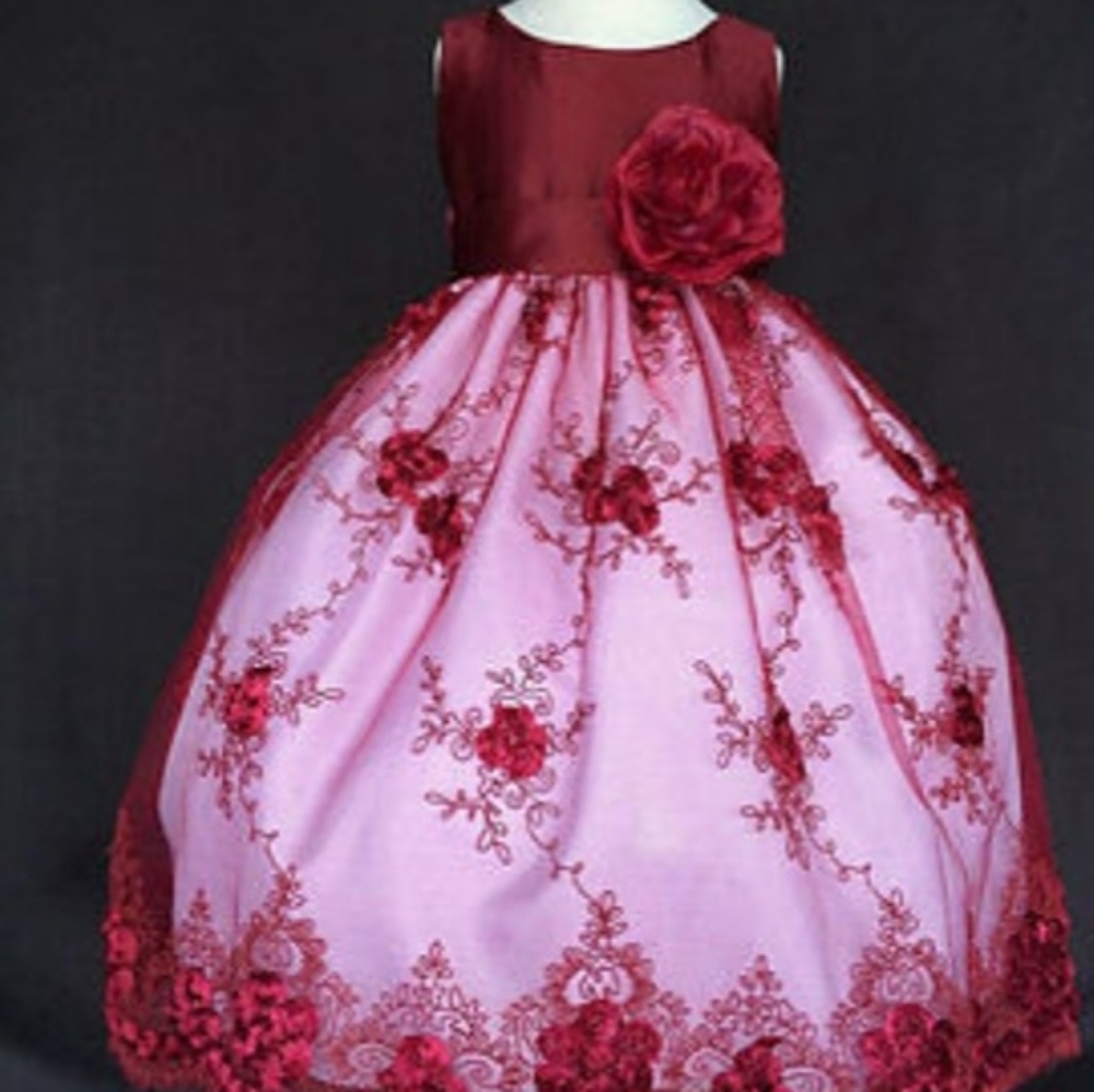 Floral Embroidery Flower Girls Dress (Burgundy)